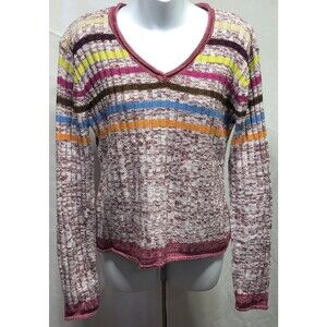 Vintage Airport 90s Y2K Sweater Jrs XL Striped Mixed Media V-Neck Dopamine
